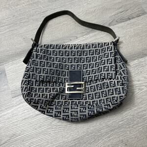 Auth FENDI Mamma Baguette Handbag Navy Zucchino Canvas Leather Bag
